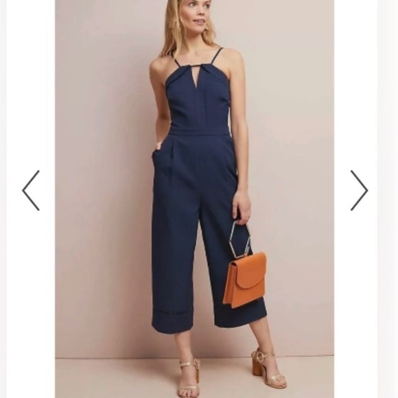 Anthropologie Adelyn Rae Cropped Wide Leg Navy Blue Jumpsuit Large H2 - Picture 1 of 8